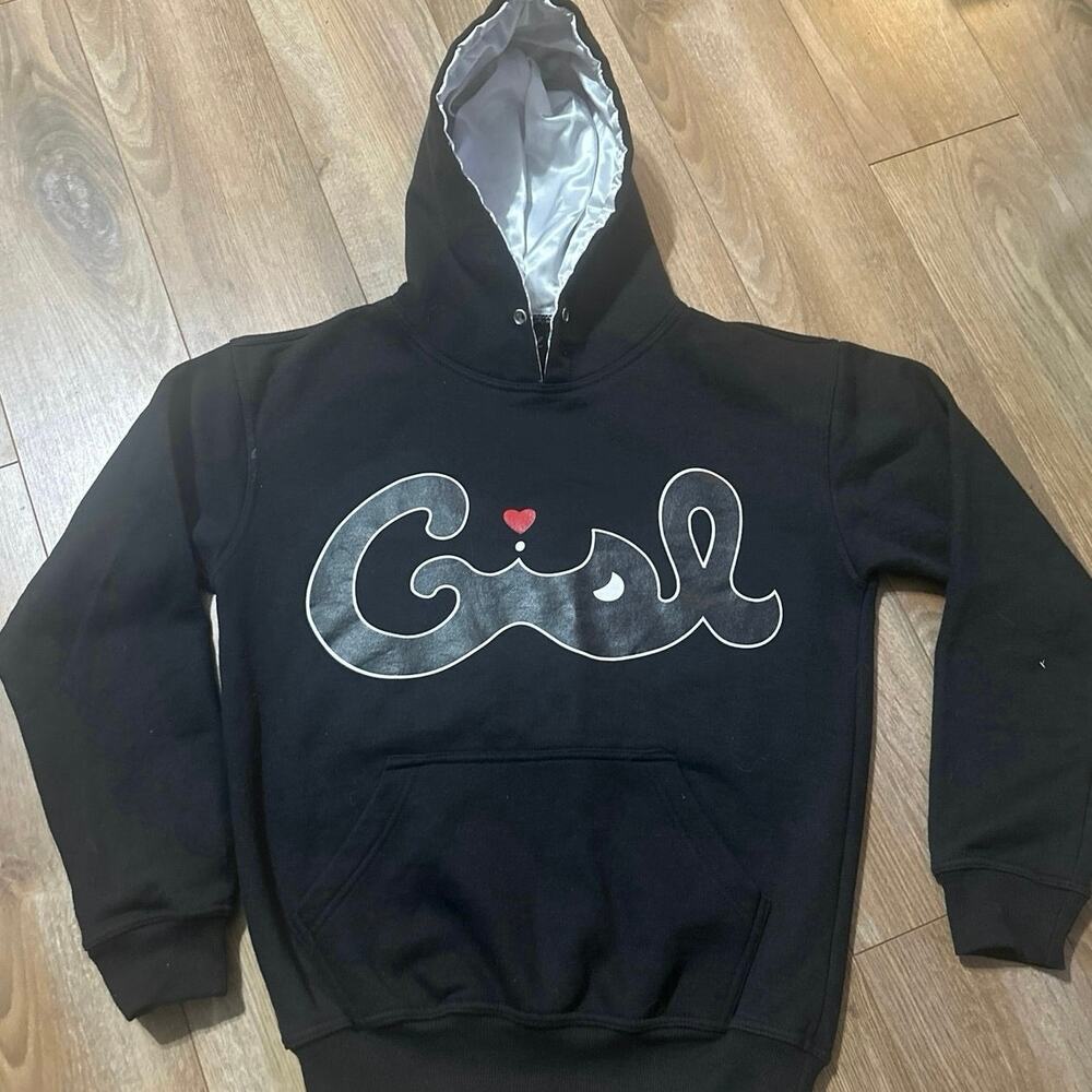 Girl Black Hoodie Sweatshirt with Satin Lined hoodie kangaroo pockets. S Large
